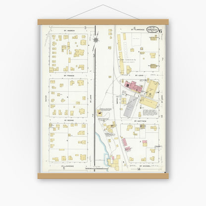 Old map wall art mockup — magnetic wood frame on white wall — Sanborn Fire Insurance Map from Gonzales, Gonzales County, Texas (1912), Sheet #0006