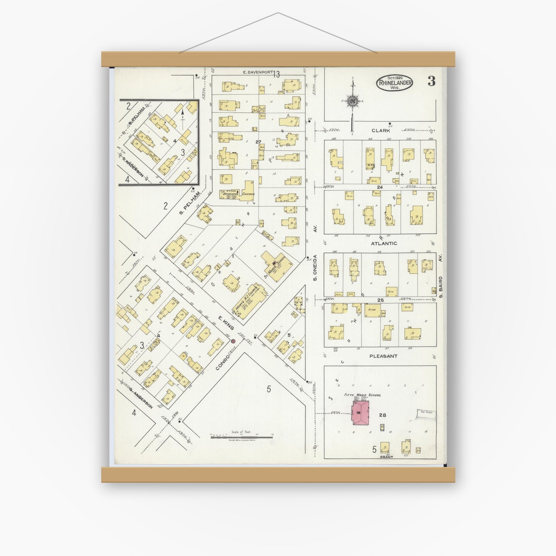 Old map wall art mockup — magnetic wood frame on white wall — Sanborn Fire Insurance Map from Rhinelander, Oneida County, Wisconsin (1920), Sheet #0003