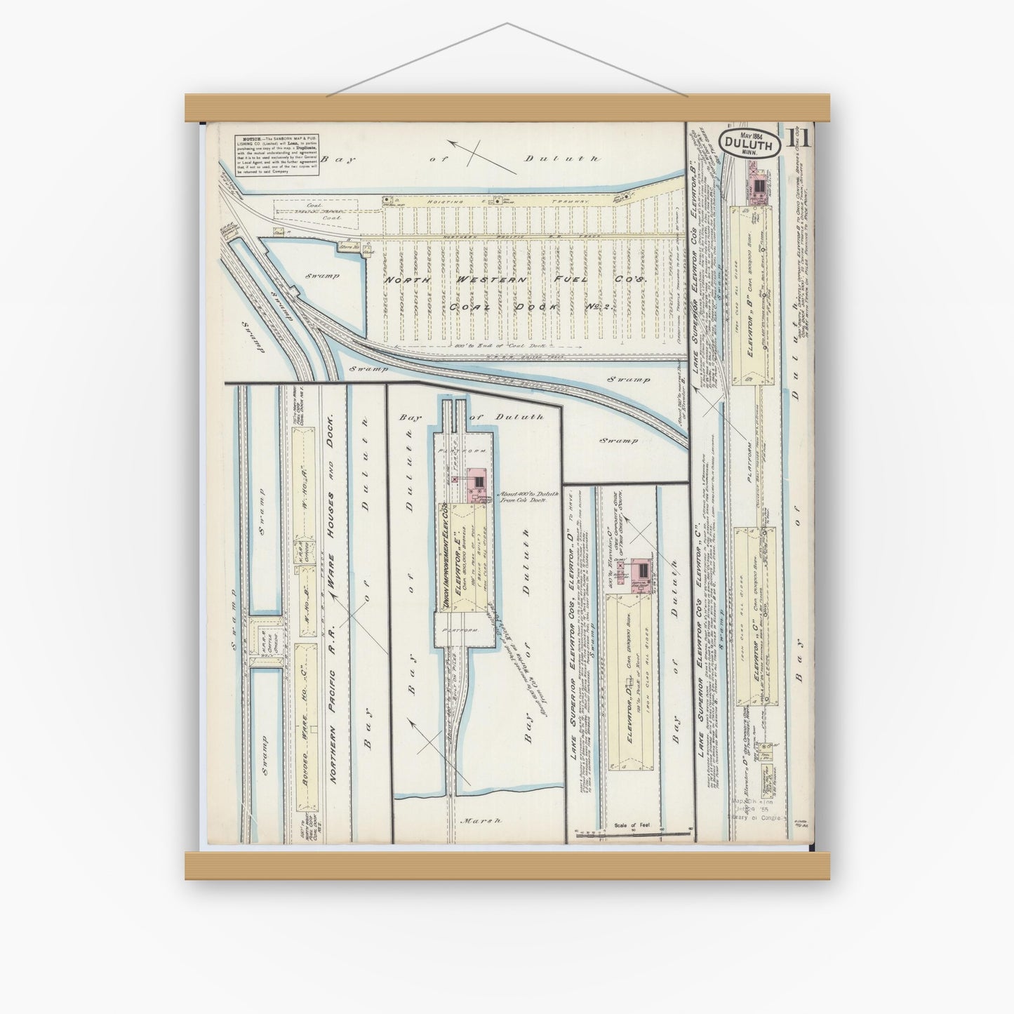 Old map wall art mockup — magnetic wood frame on white wall — Sanborn Fire Insurance Map from Duluth, Saint Louis County, Minnesota (1884), Sheet #0011
