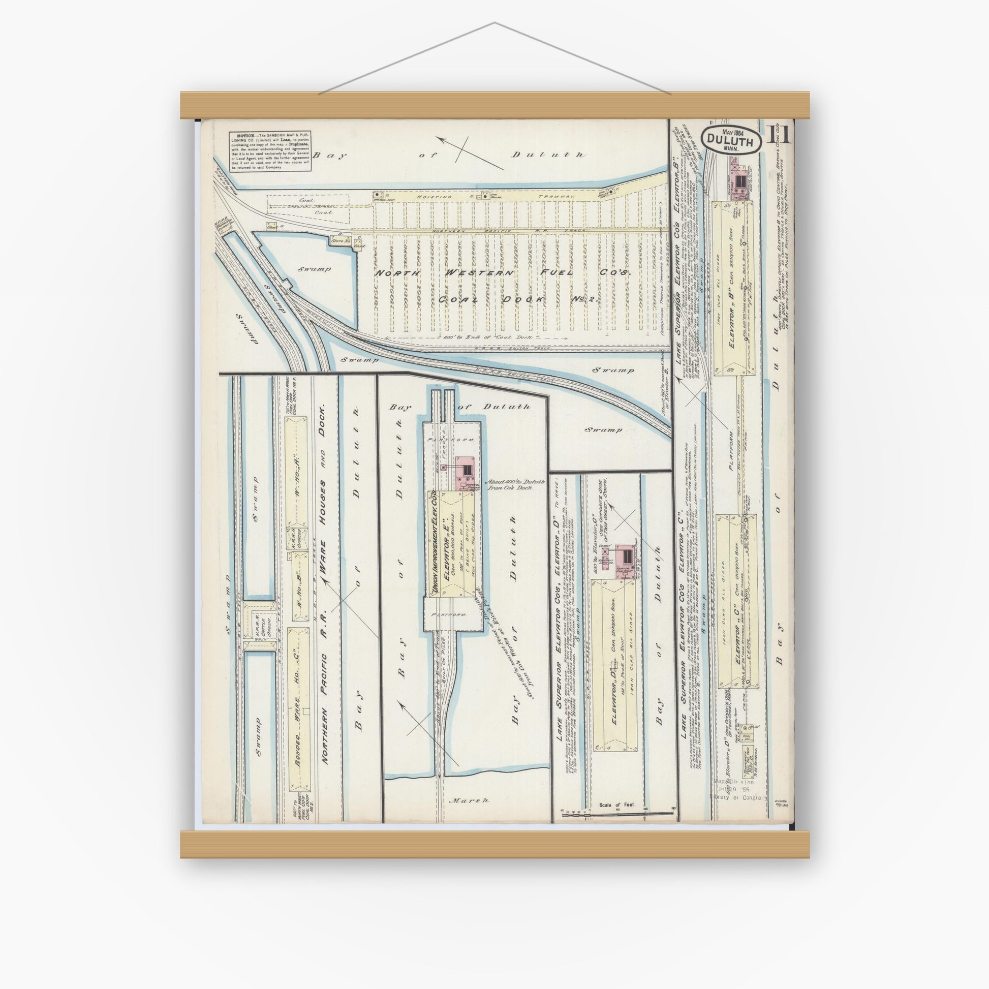 Old map wall art mockup — magnetic wood frame on white wall — Sanborn Fire Insurance Map from Duluth, Saint Louis County, Minnesota (1884), Sheet #0011
