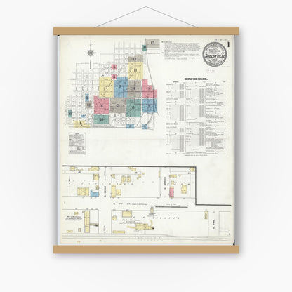 Old map wall art mockup — magnetic wood frame on white wall — Sanborn Fire Insurance Map from Shelbyville, Shelby County, Illinois (1911), Sheet #0001