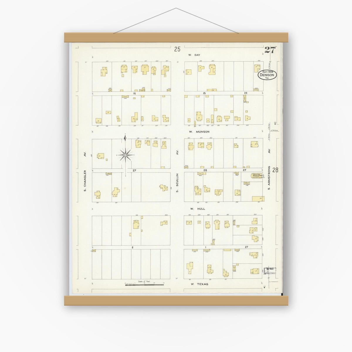 Old map wall art mockup — magnetic wood frame on white wall — Sanborn Fire Insurance Map from Denison, Grayson County, Texas (1908), Sheet #0027