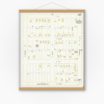 Old map wall art mockup — magnetic wood frame on white wall — Sanborn Fire Insurance Map from Denison, Grayson County, Texas (1908), Sheet #0027