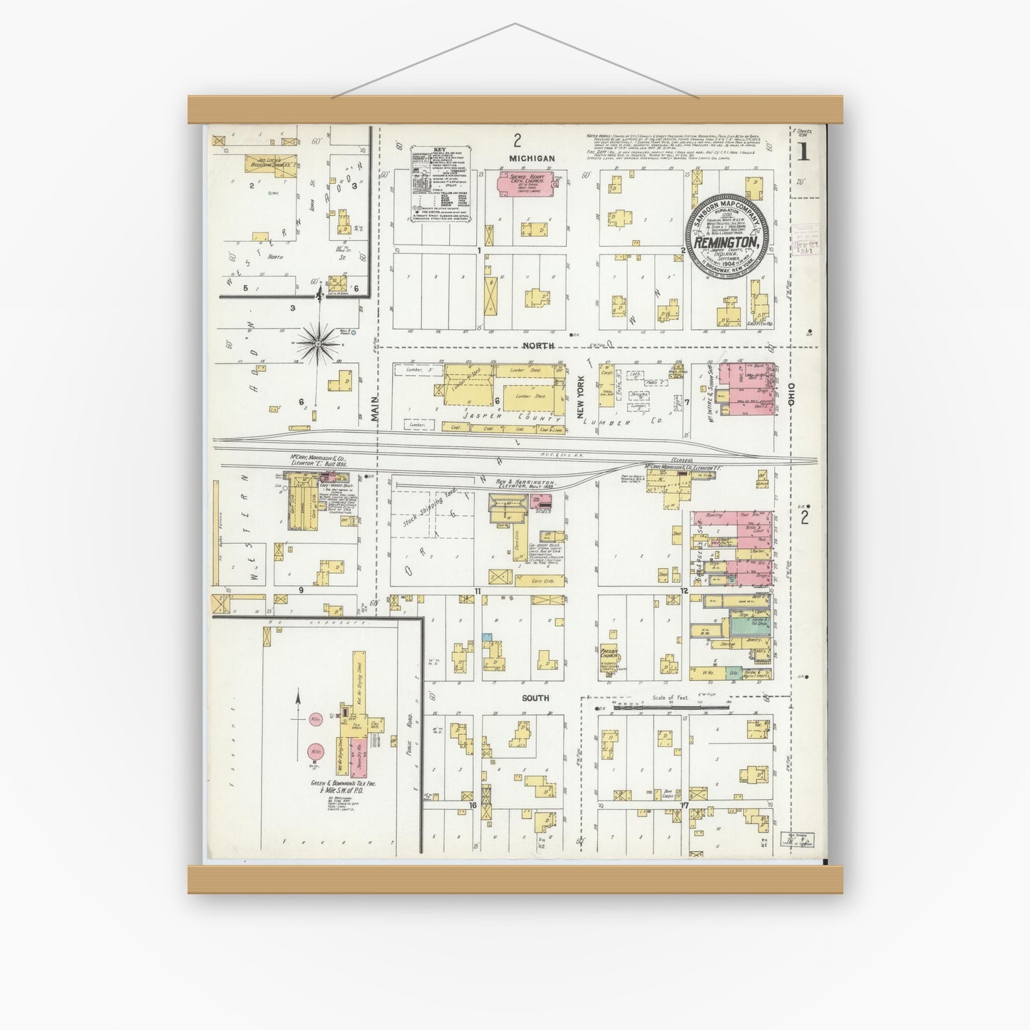 Old map wall art mockup — magnetic wood frame on white wall — Sanborn Fire Insurance Map from Remington, Jasper County, Indiana (1904), Sheet #0001