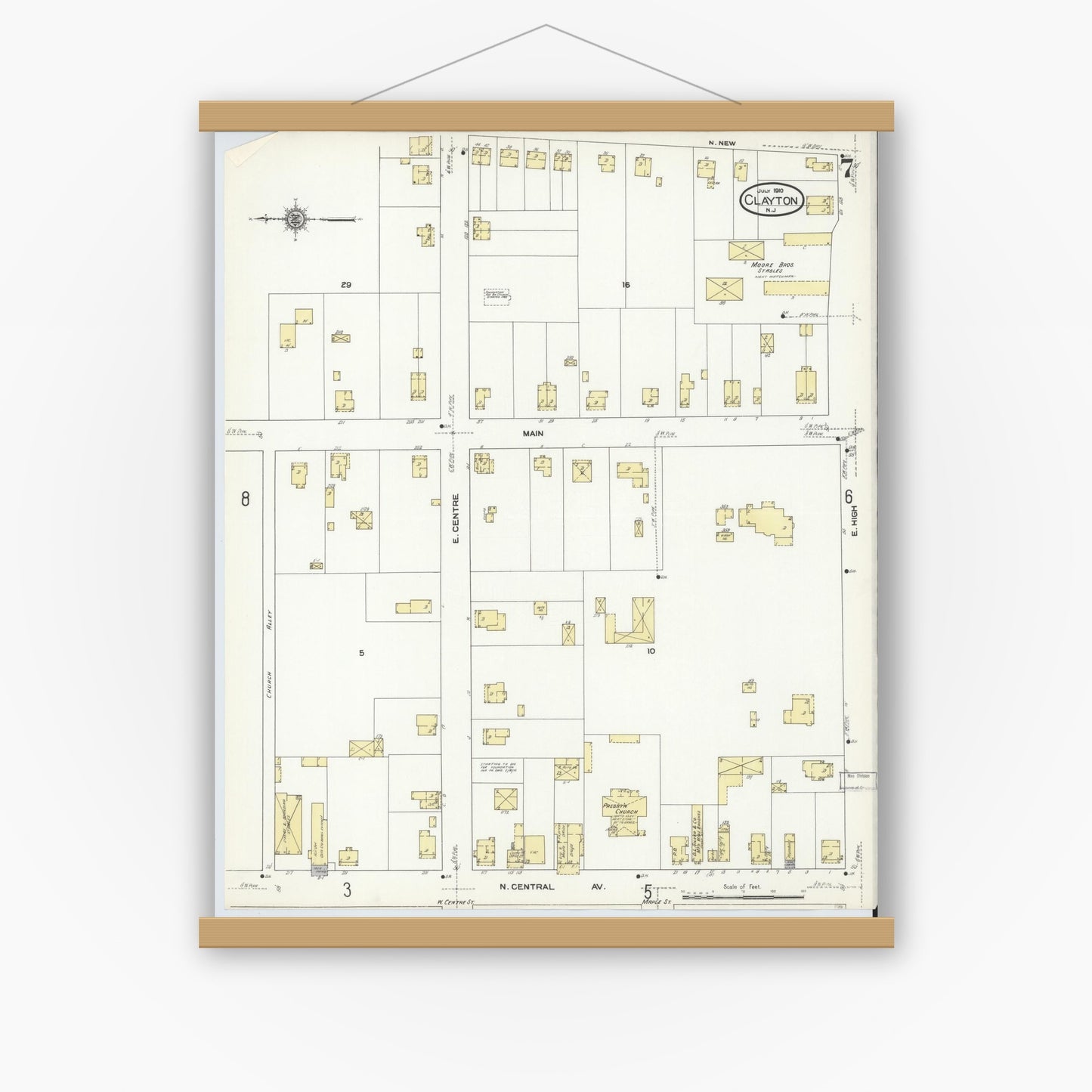 Old map wall art mockup — magnetic wood frame on white wall — Sanborn Fire Insurance Map from Clayton, Gloucester County, New Jersey (1910), Sheet #0007