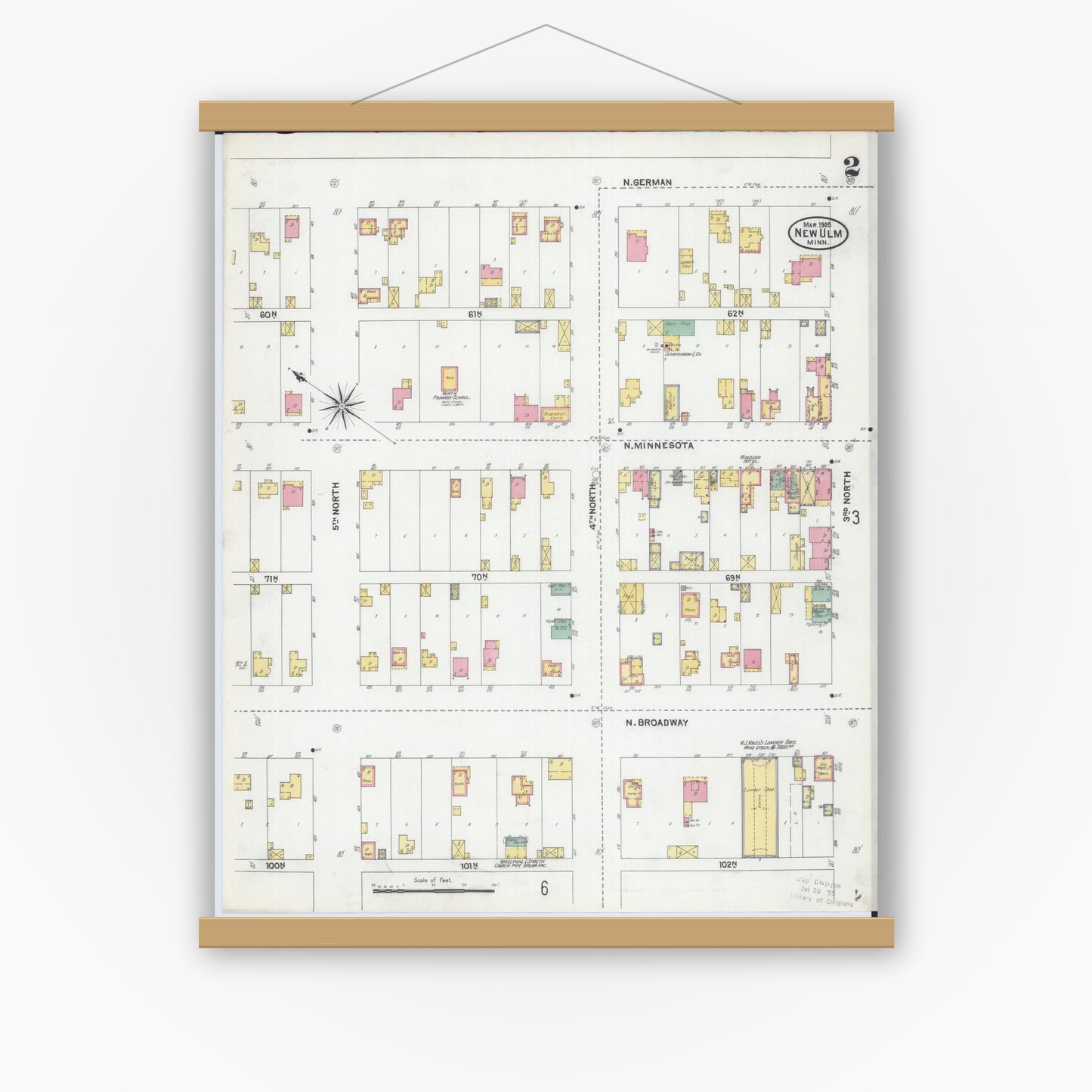 Old map wall art mockup — magnetic wood frame on white wall — Sanborn Fire Insurance Map from New Ulm, Brown County, Minnesota (1905), Sheet #0002
