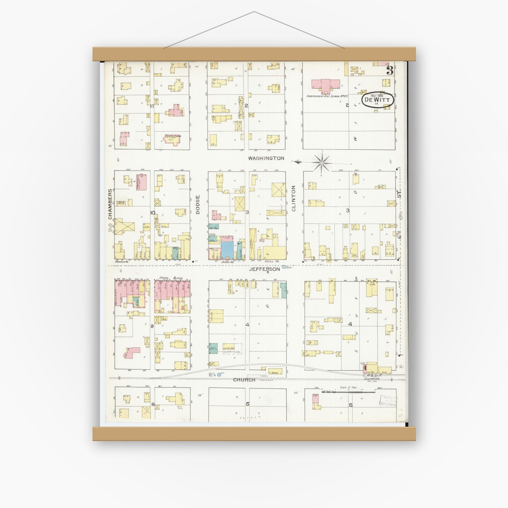 Old map wall art mockup — magnetic wood frame on white wall — Sanborn Fire Insurance Map from De Witt, Clinton County, Iowa (1893), Sheet #0003