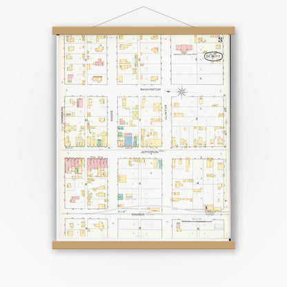 Old map wall art mockup — magnetic wood frame on white wall — Sanborn Fire Insurance Map from De Witt, Clinton County, Iowa (1893), Sheet #0003