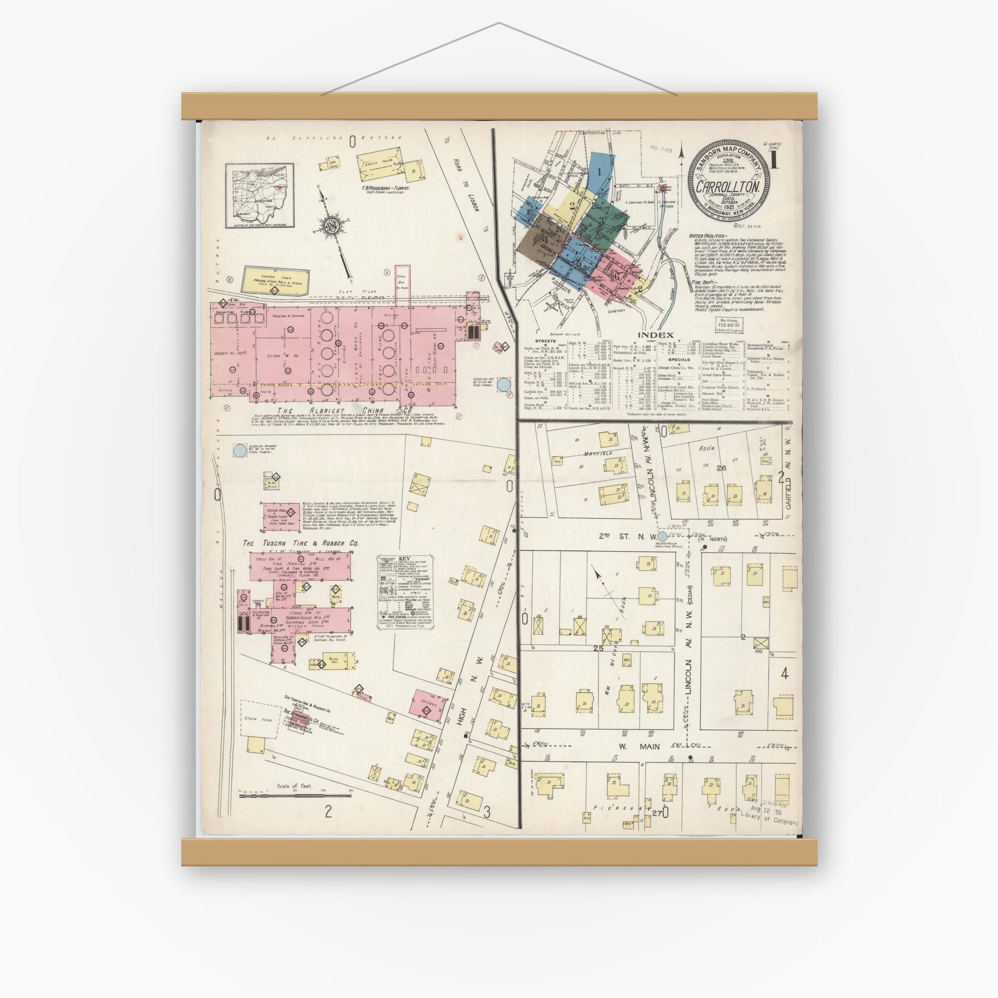 Old map wall art mockup — magnetic wood frame on white wall — Sanborn Fire Insurance Map from Carrollton, Carroll County, Ohio (1921) - Complete Map Set