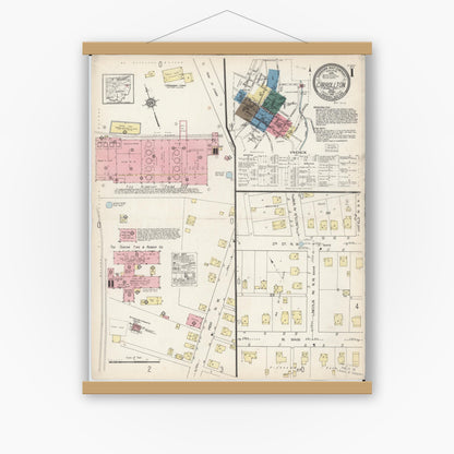 Old map wall art mockup — magnetic wood frame on white wall — Sanborn Fire Insurance Map from Carrollton, Carroll County, Ohio (1921) - Complete Map Set