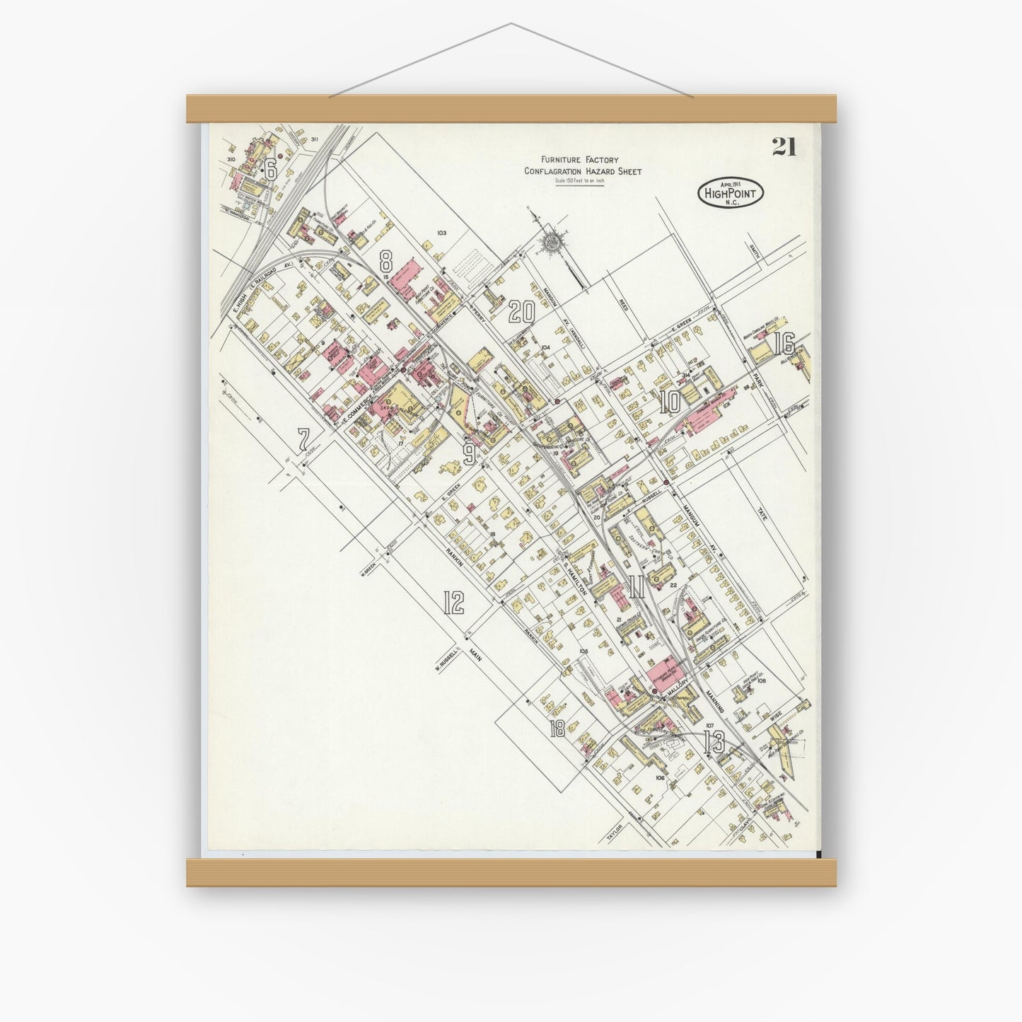 Old map wall art mockup — magnetic wood frame on white wall — Sanborn Fire Insurance Map from High Point, Guilford County, North Carolina (1911), Sheet #0021