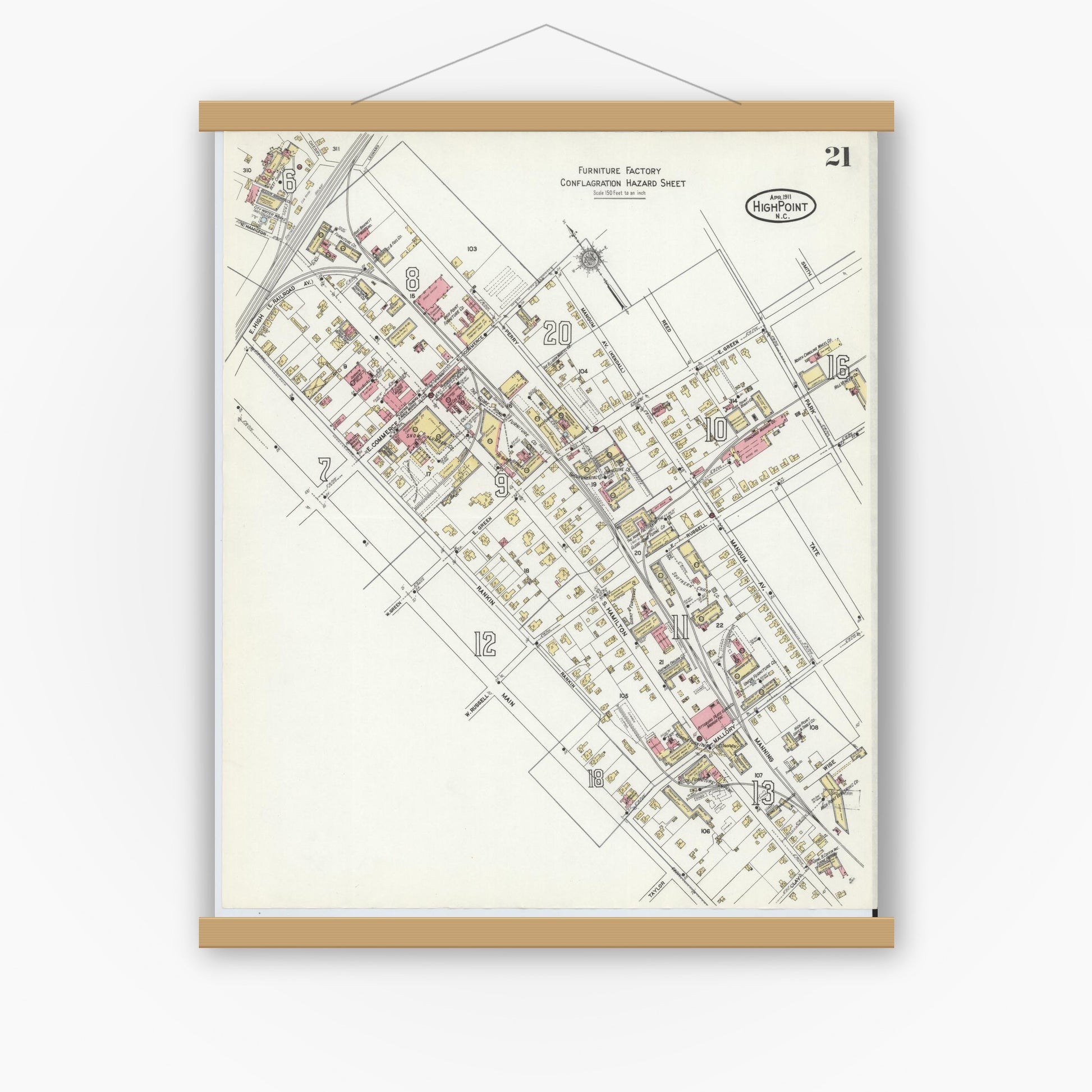 Old map wall art mockup — magnetic wood frame on white wall — Sanborn Fire Insurance Map from High Point, Guilford County, North Carolina (1911), Sheet #0021
