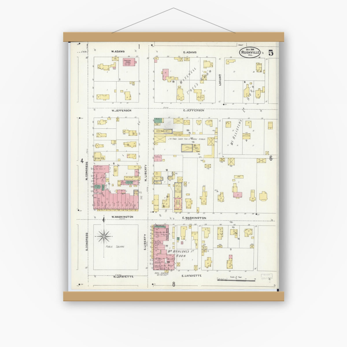 Old map wall art mockup — magnetic wood frame on white wall — Sanborn Fire Insurance Map from Rushville, Schuyler County, Illinois (1906), Sheet #0005