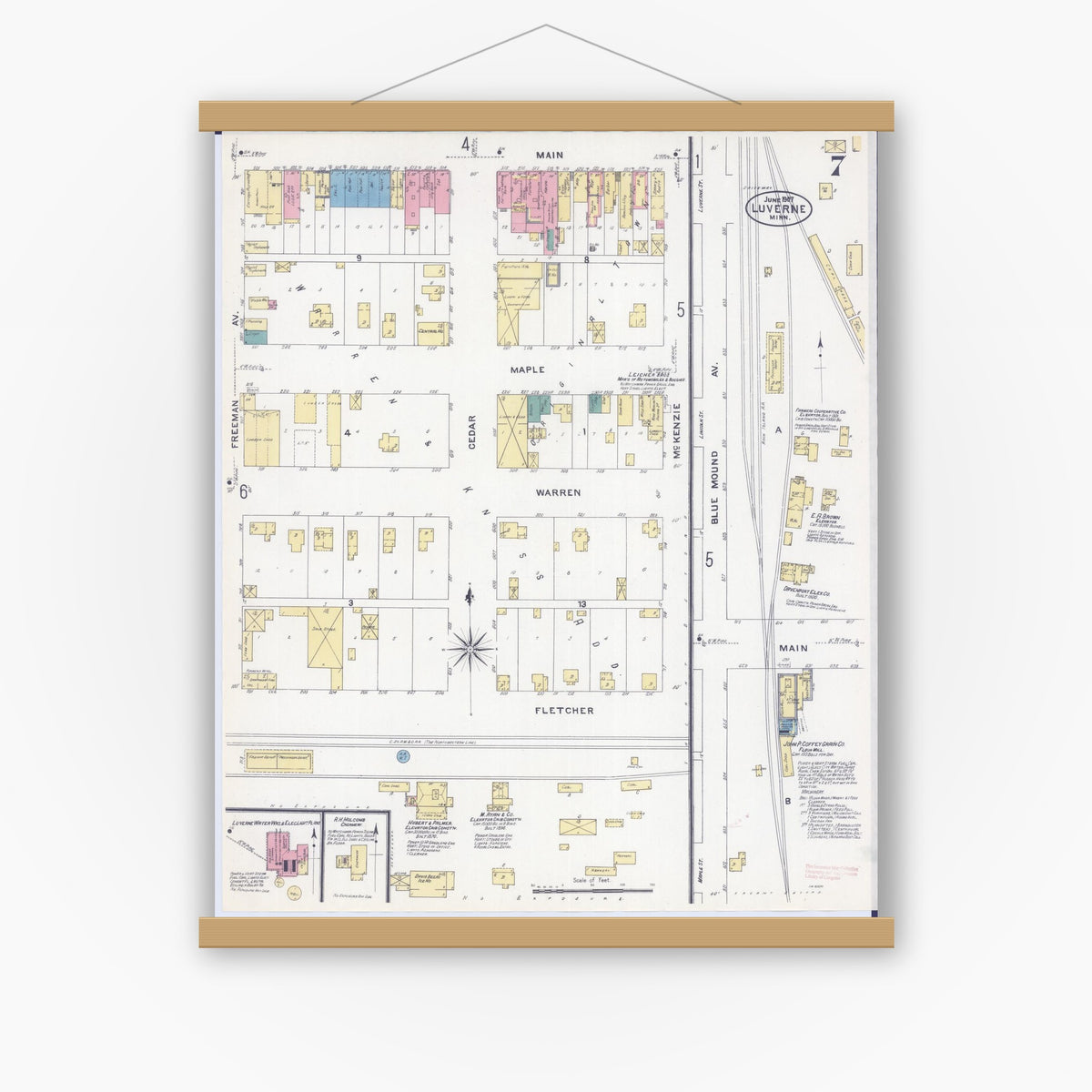 Old map wall art mockup — magnetic wood frame on white wall — Sanborn Fire Insurance Map from Luverne, Rock County, Minnesota (1907), Sheet #0007