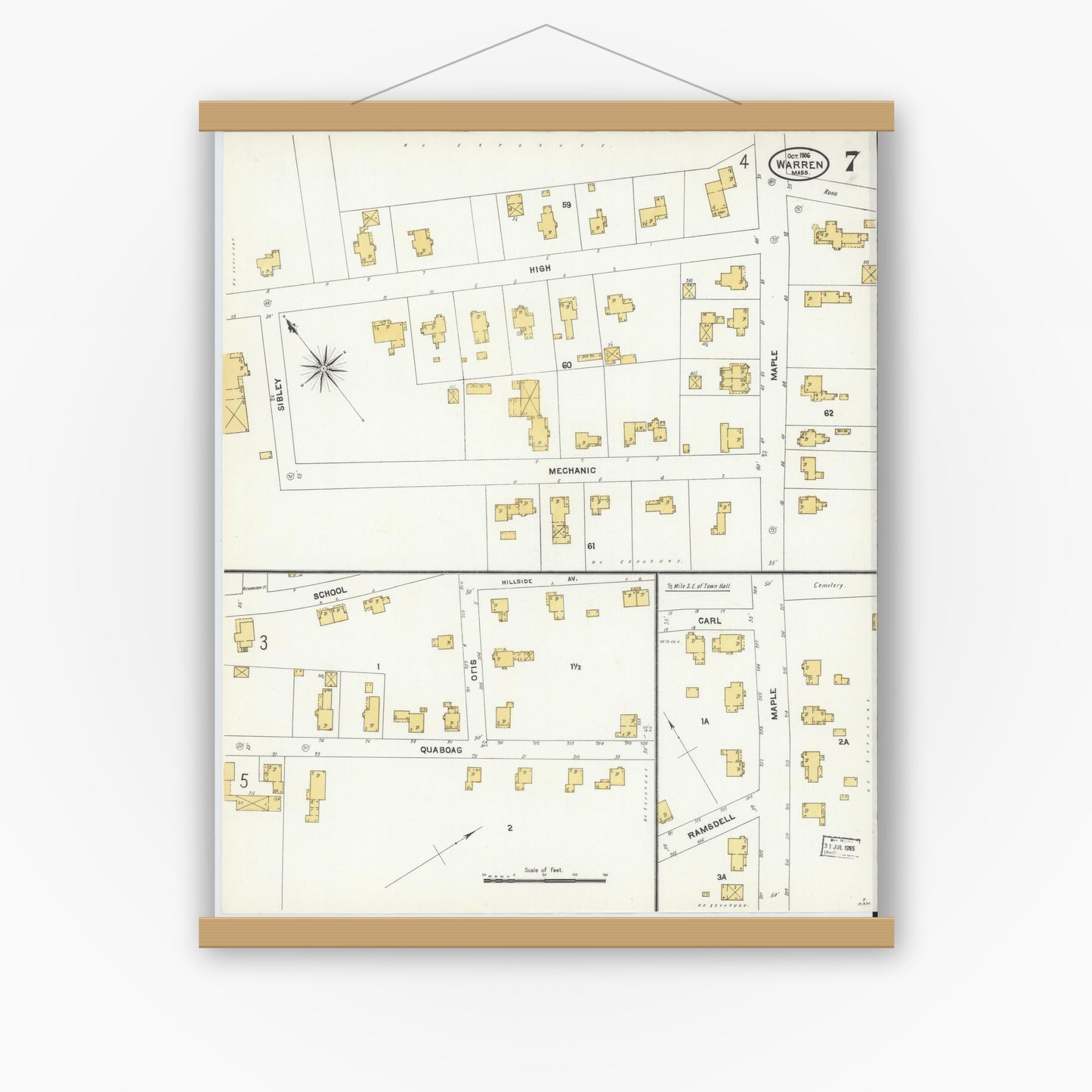 Old map wall art mockup — magnetic wood frame on white wall — Sanborn Fire Insurance Map from Warren, Worcester County, Massachusetts (1906), Sheet #0007