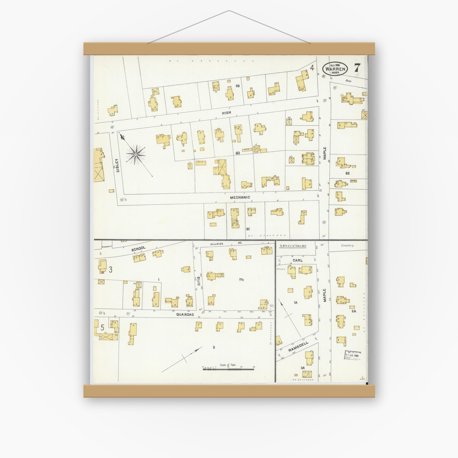 Old map wall art mockup — magnetic wood frame on white wall — Sanborn Fire Insurance Map from Warren, Worcester County, Massachusetts (1906), Sheet #0007