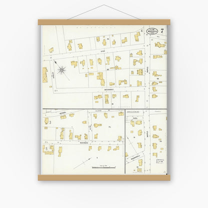Old map wall art mockup — magnetic wood frame on white wall — Sanborn Fire Insurance Map from Warren, Worcester County, Massachusetts (1906), Sheet #0007