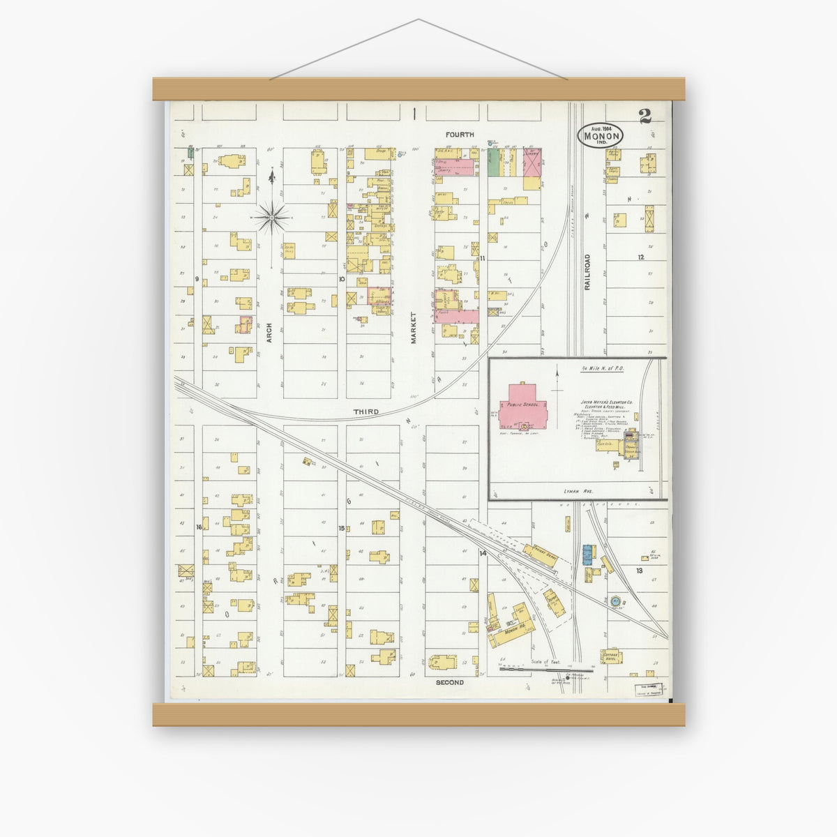 Old map wall art mockup — magnetic wood frame on white wall — Sanborn Fire Insurance Map from Monon, White County, Indiana (1904), Sheet #0002
