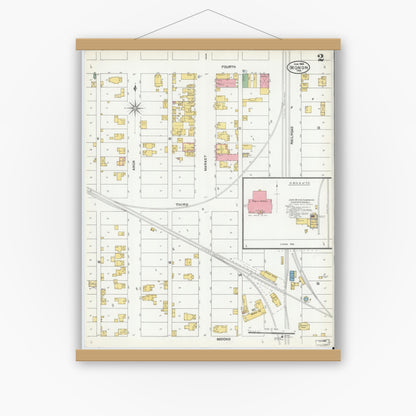 Old map wall art mockup — magnetic wood frame on white wall — Sanborn Fire Insurance Map from Monon, White County, Indiana (1904), Sheet #0002
