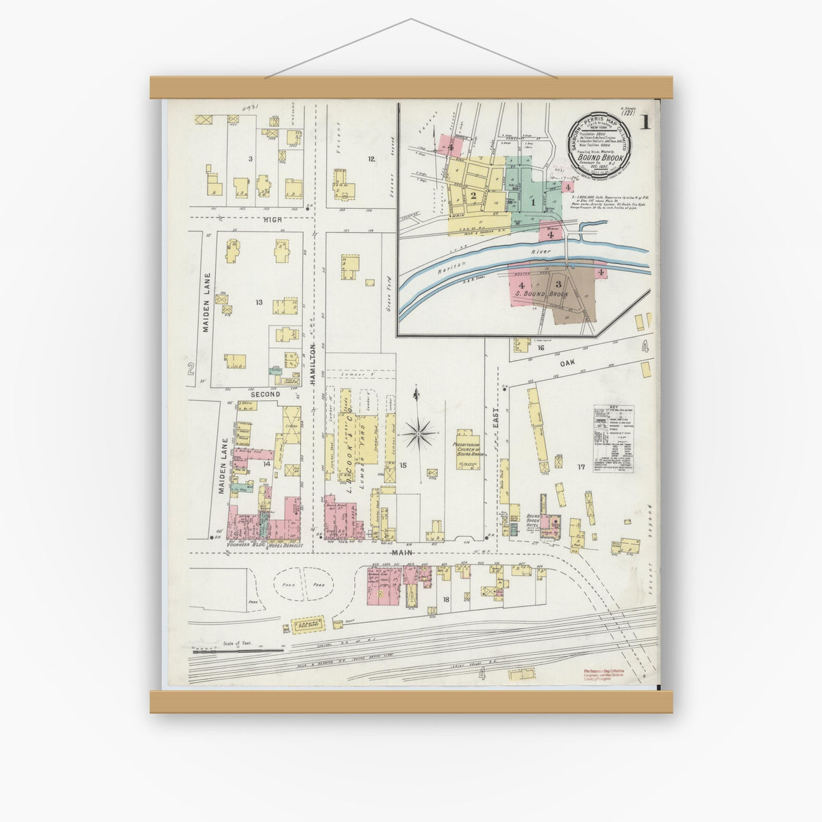 Old map wall art mockup — magnetic wood frame on white wall — Sanborn Fire Insurance Map from Bound Brook, Somerset County, New Jersey (1895), Sheet #0001