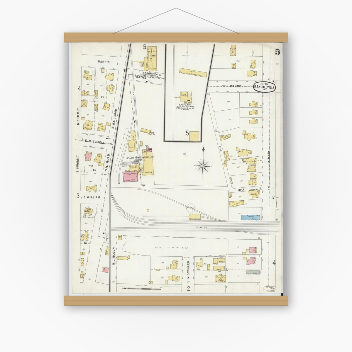 Old map wall art mockup — magnetic wood frame on white wall — Sanborn Fire Insurance Map from Kendallville, Noble County, Indiana (1896), Sheet #0005