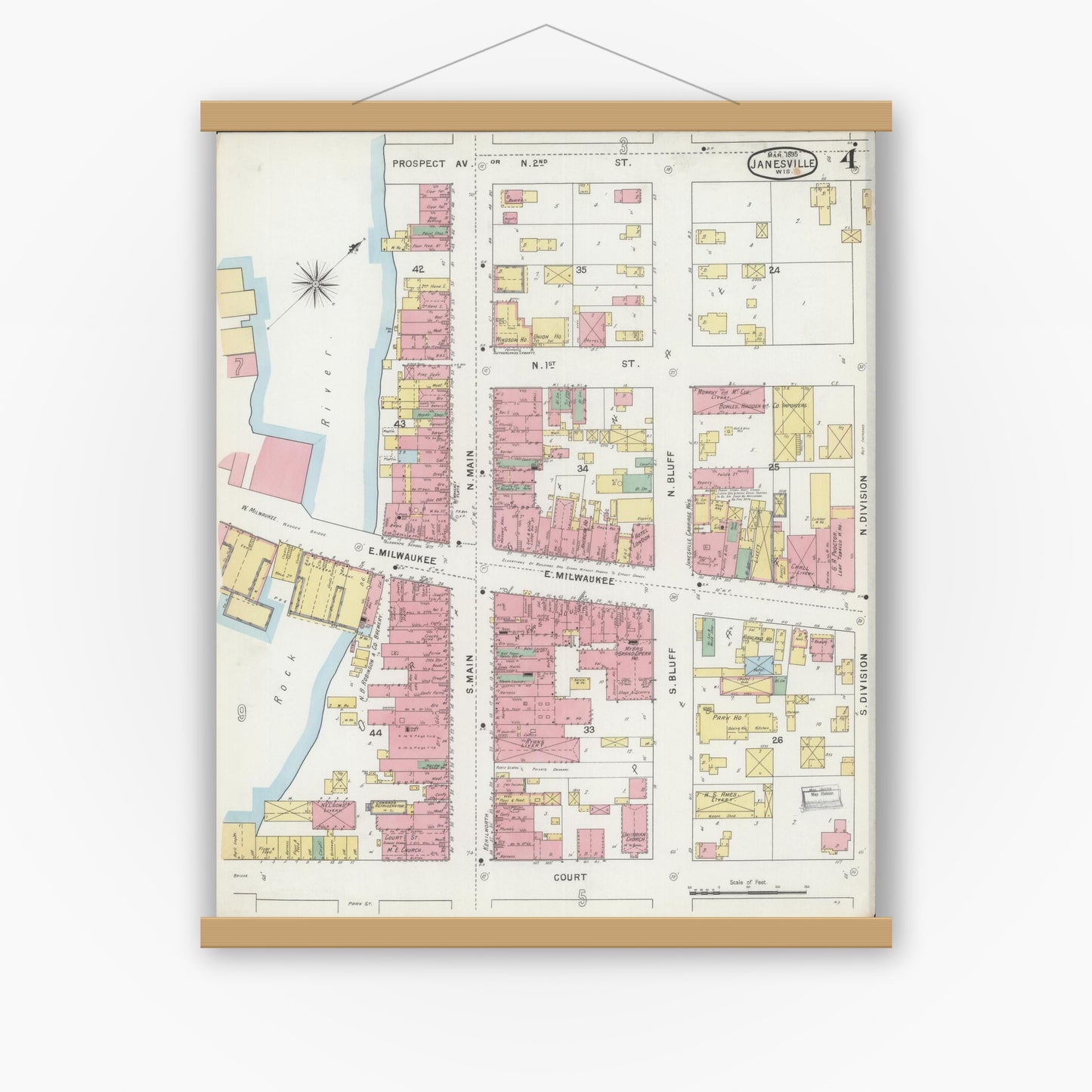 Old map wall art mockup — magnetic wood frame on white wall — Sanborn Fire Insurance Map from Janesville, Rock County, Wisconsin (1895), Sheet #0004