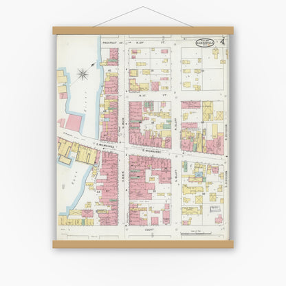 Old map wall art mockup — magnetic wood frame on white wall — Sanborn Fire Insurance Map from Janesville, Rock County, Wisconsin (1895), Sheet #0004