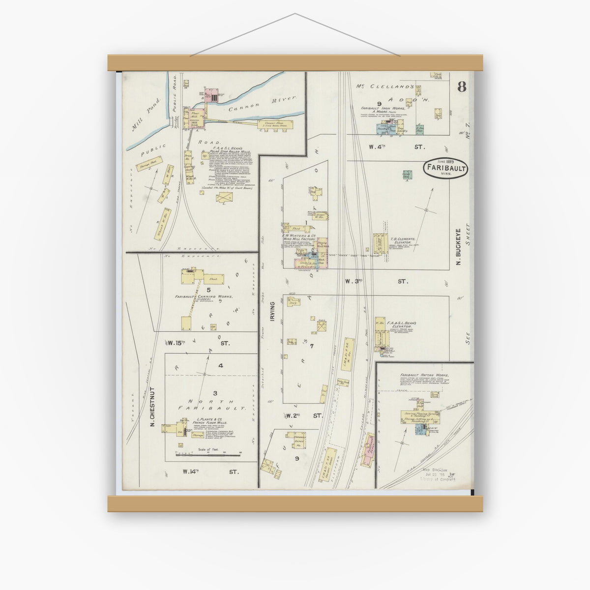 Old map wall art mockup — magnetic wood frame on white wall — Sanborn Fire Insurance Map from Faribault, Rice County, Minnesota (1889), Sheet #0008