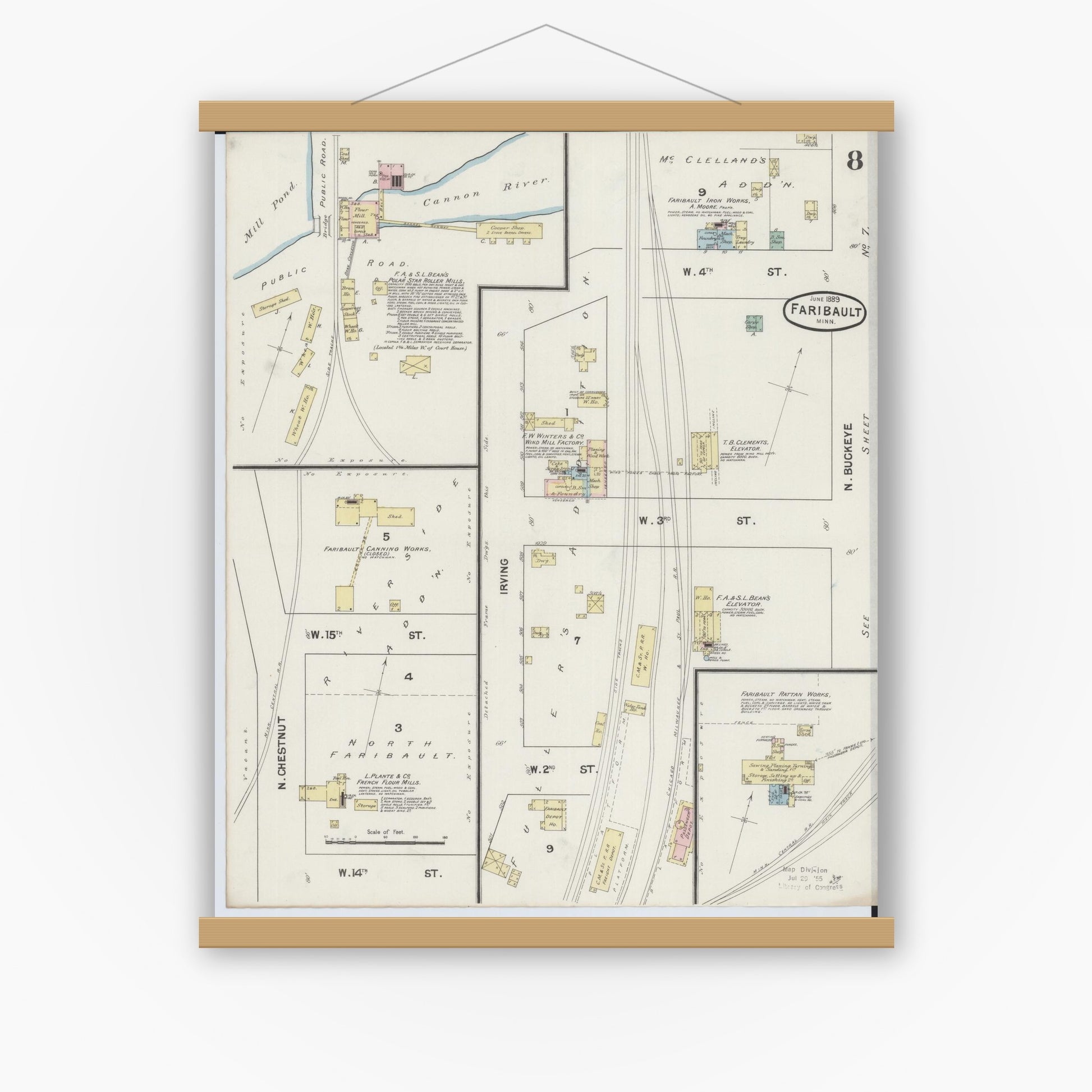 Old map wall art mockup — magnetic wood frame on white wall — Sanborn Fire Insurance Map from Faribault, Rice County, Minnesota (1889), Sheet #0008