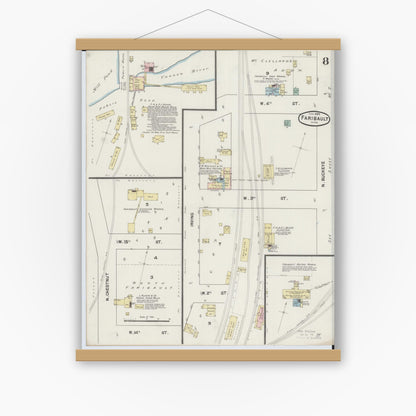 Old map wall art mockup — magnetic wood frame on white wall — Sanborn Fire Insurance Map from Faribault, Rice County, Minnesota (1889), Sheet #0008