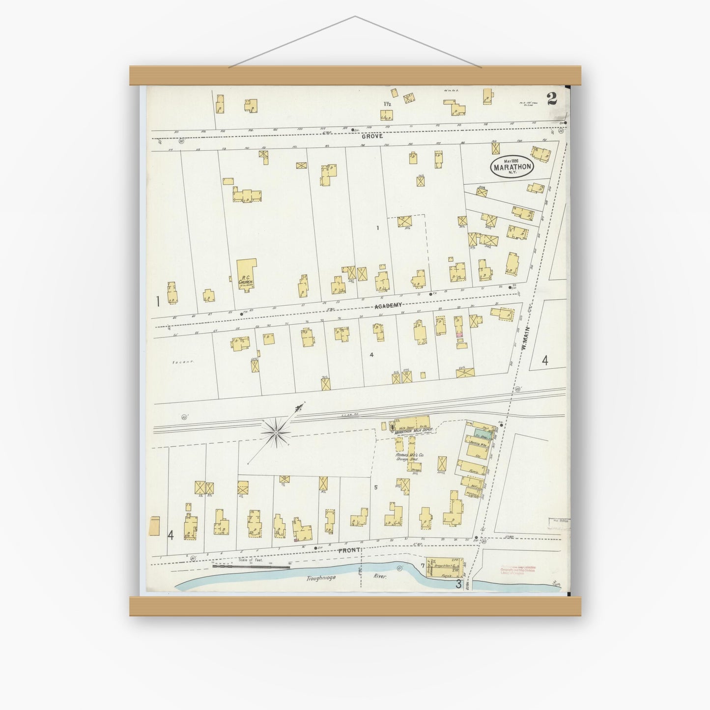 Old map wall art mockup — magnetic wood frame on white wall — Sanborn Fire Insurance Map from Marathon, Cortland County, New York (1898), Sheet #0002