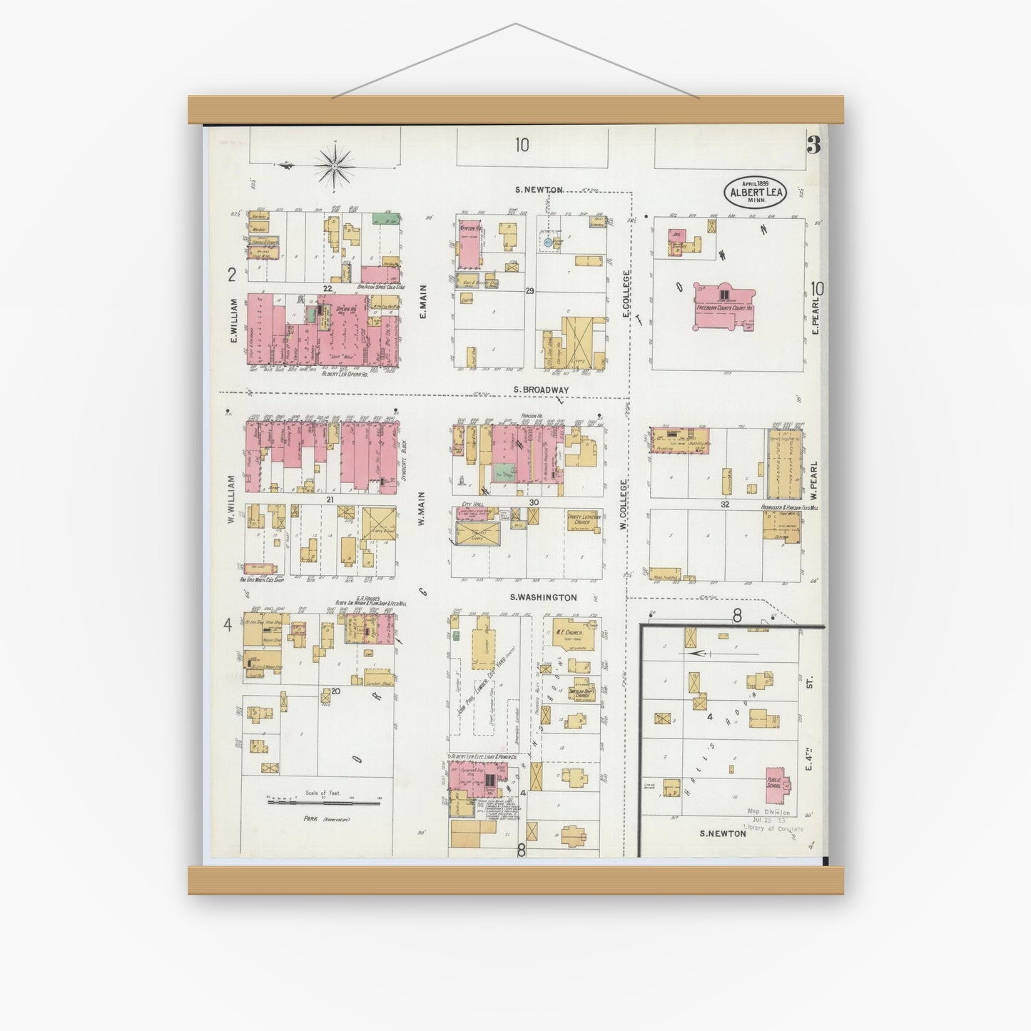 Old map wall art mockup — magnetic wood frame on white wall — Sanborn Fire Insurance Map from Albert Lea, Freeborn County, Minnesota (1899), Sheet #0003