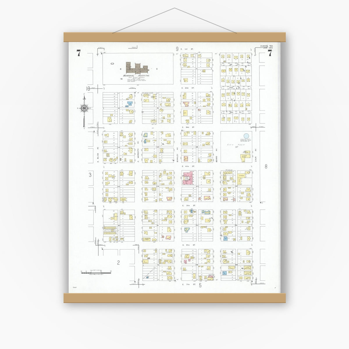 Old map wall art mockup — magnetic wood frame on white wall — Sanborn Fire Insurance Map from Dumas, Moore County, Texas (1950), Sheet #0007