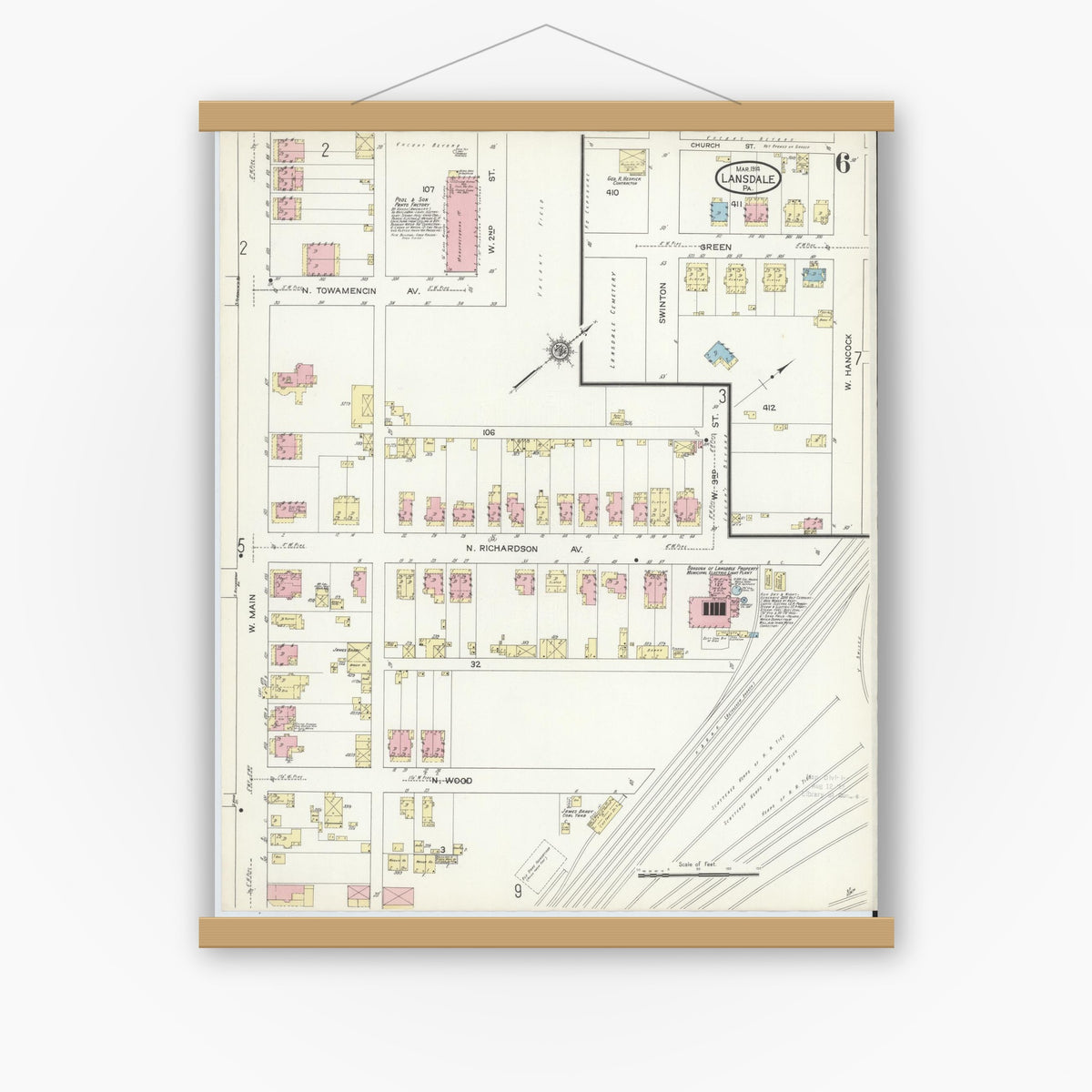 Old map wall art mockup — magnetic wood frame on white wall — Sanborn Fire Insurance Map from Lansdale, Montgomery County, Pennsylvania (1914), Sheet #0006