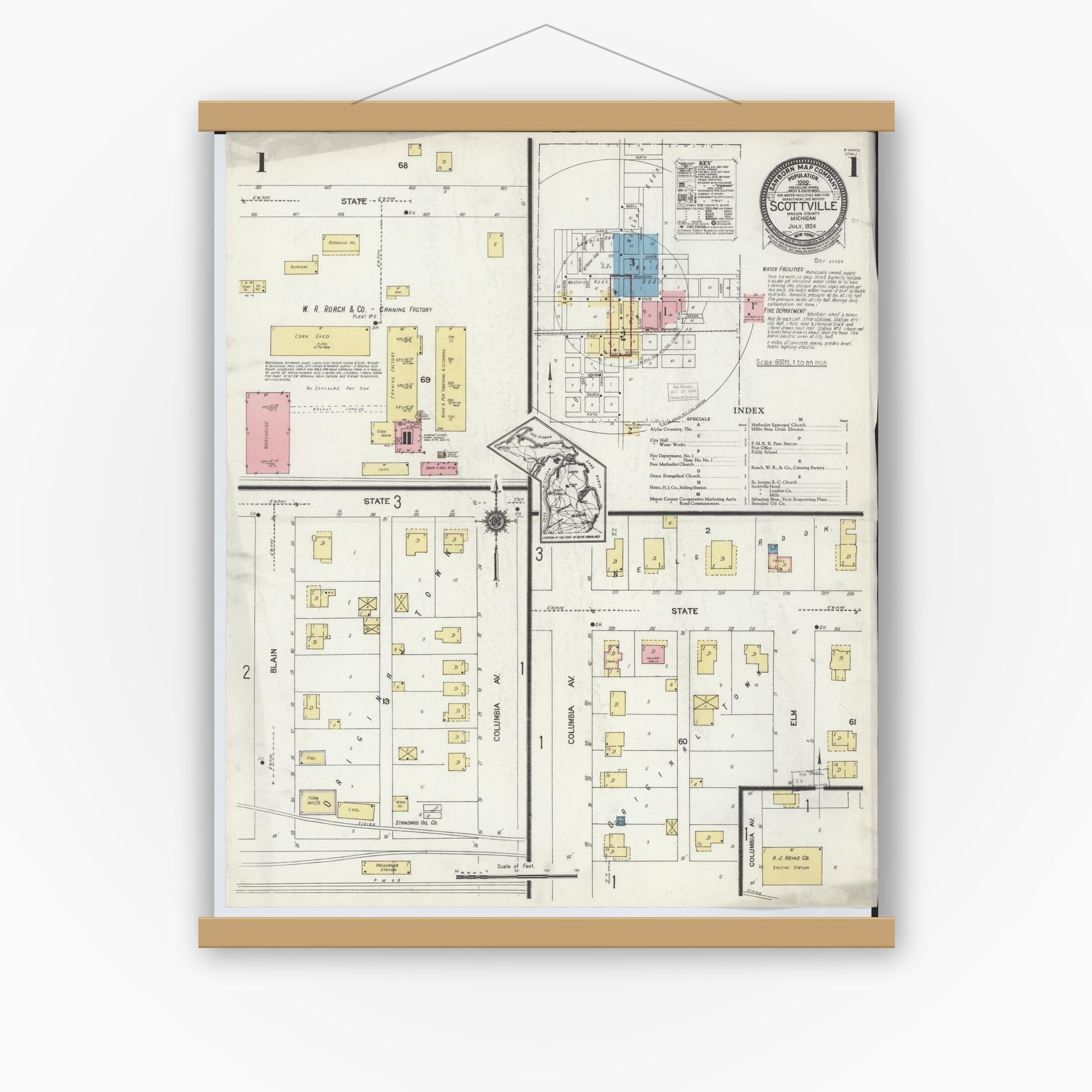 Old map wall art mockup — magnetic wood frame on white wall — Sanborn Fire Insurance Map from Scottville, Mason County, Michigan (1924), Sheet #0001