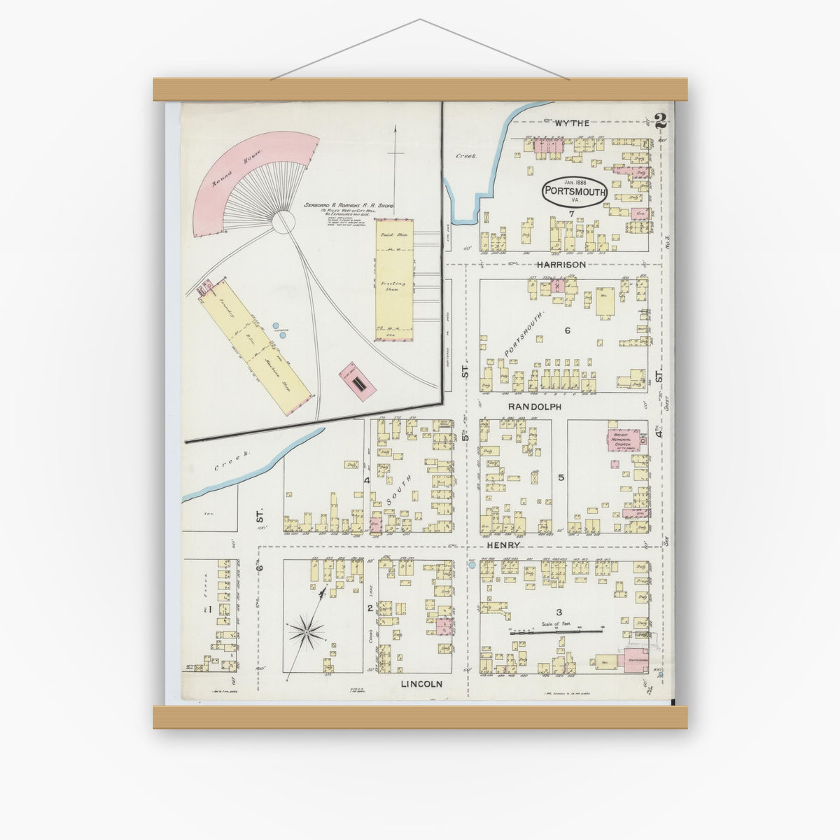 Old map wall art mockup — magnetic wood frame on white wall — Sanborn Fire Insurance Map from Portsmouth, Independent Cities, Virginia (1888), Sheet #0002