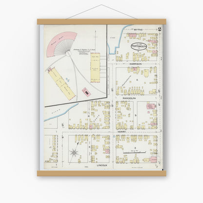 Old map wall art mockup — magnetic wood frame on white wall — Sanborn Fire Insurance Map from Portsmouth, Independent Cities, Virginia (1888), Sheet #0002