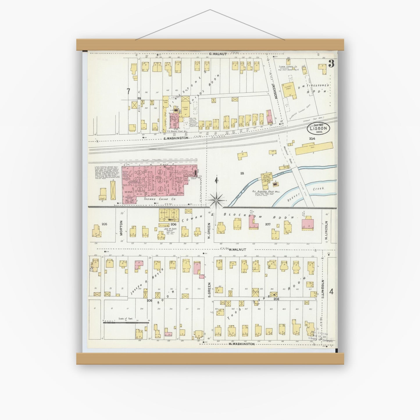 Old map wall art mockup — magnetic wood frame on white wall — Sanborn Fire Insurance Map from Lisbon, Columbiana County, Ohio (1903), Sheet #0003
