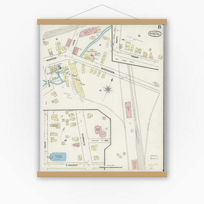 Old map wall art mockup — magnetic wood frame on white wall — Sanborn Fire Insurance Map from Oneida, Madison County, New York (1890), Sheet #0008