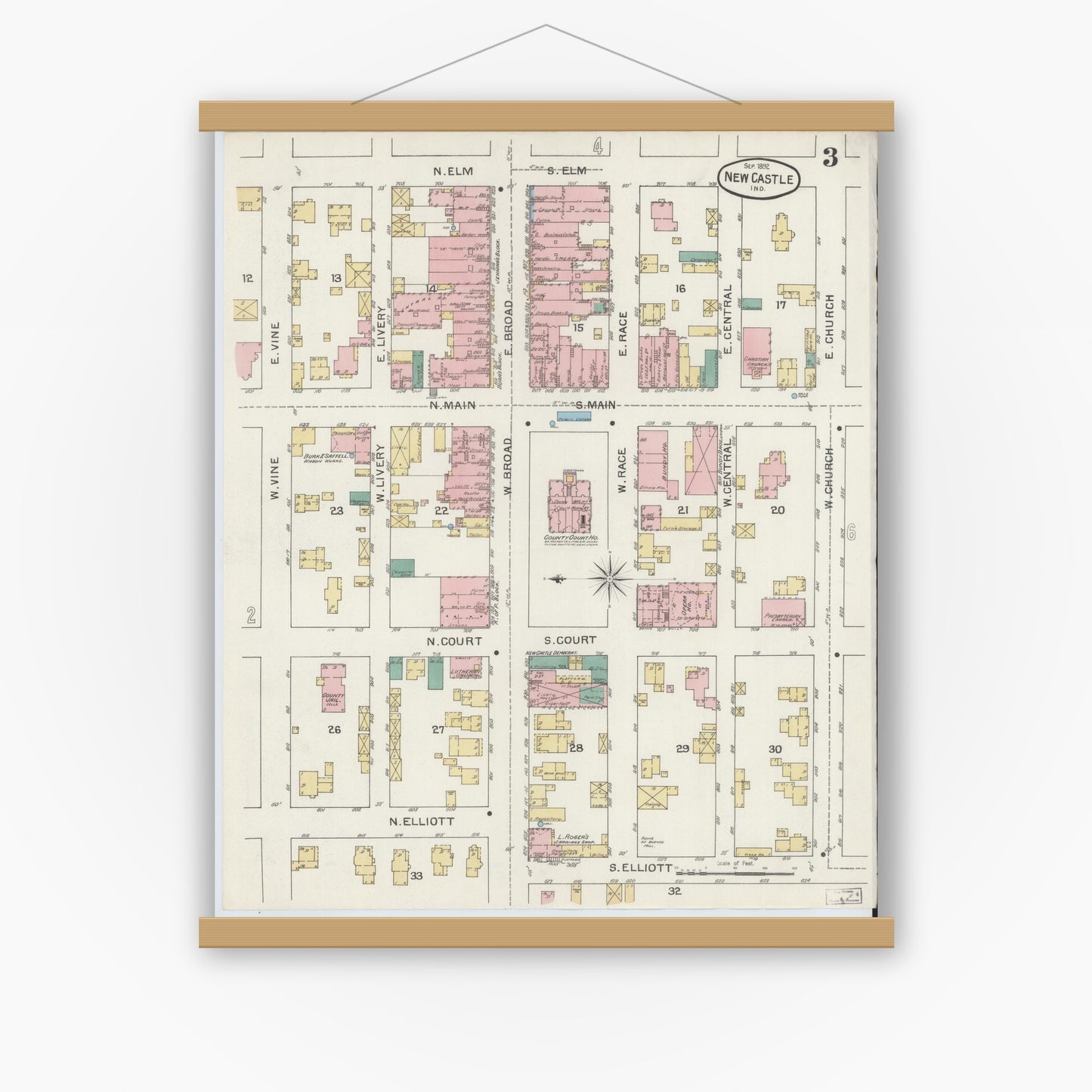 Old map wall art mockup — magnetic wood frame on white wall — Sanborn Fire Insurance Map from New Castle, Henry County, Indiana (1892), Sheet #0003