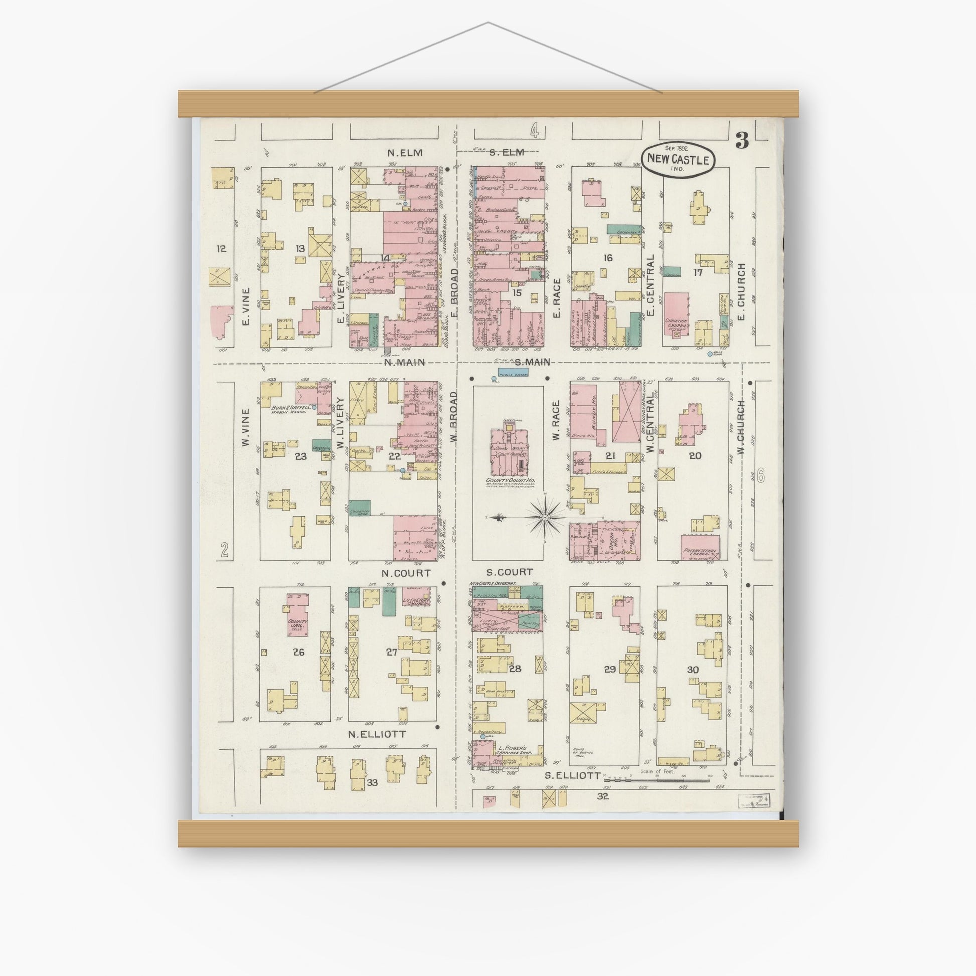 Old map wall art mockup — magnetic wood frame on white wall — Sanborn Fire Insurance Map from New Castle, Henry County, Indiana (1892), Sheet #0003