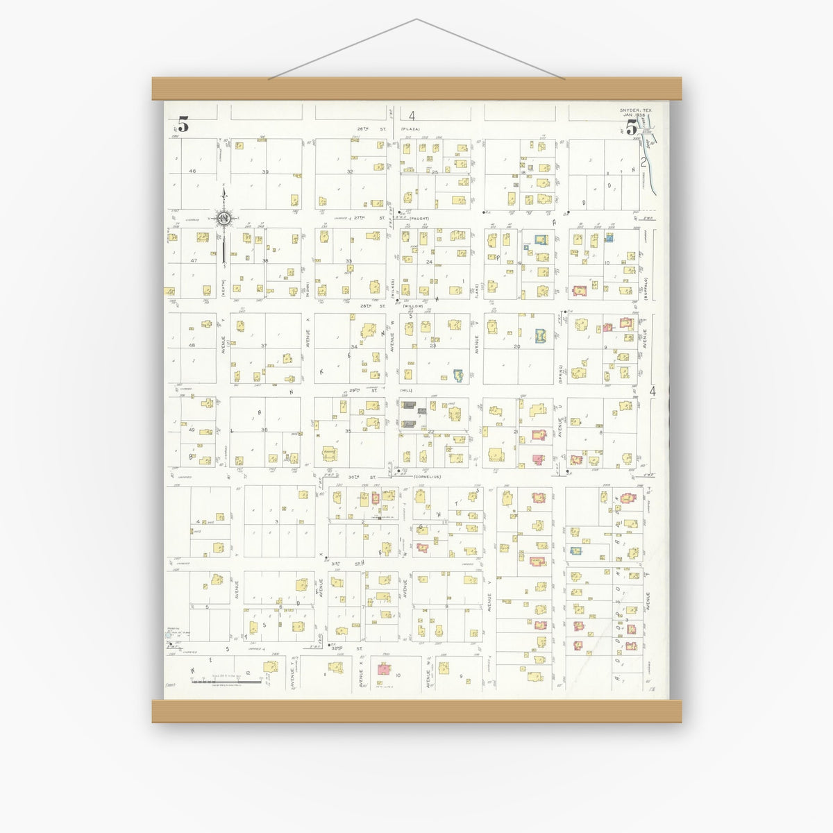 Old map wall art mockup — magnetic wood frame on white wall — Sanborn Fire Insurance Map from Snyder, Scurry County, Texas (1936), Sheet #0005