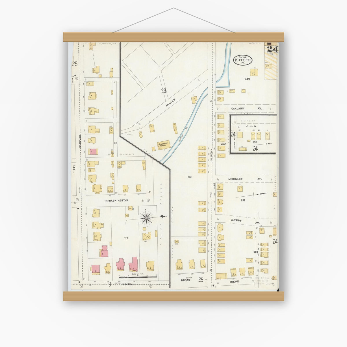 Old map wall art mockup — magnetic wood frame on white wall — Sanborn Fire Insurance Map from Butler, Butler County, Pennsylvania (1906), Sheet #0024