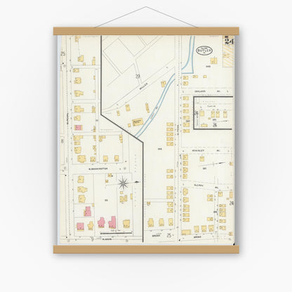 Old map wall art mockup — magnetic wood frame on white wall — Sanborn Fire Insurance Map from Butler, Butler County, Pennsylvania (1906), Sheet #0024