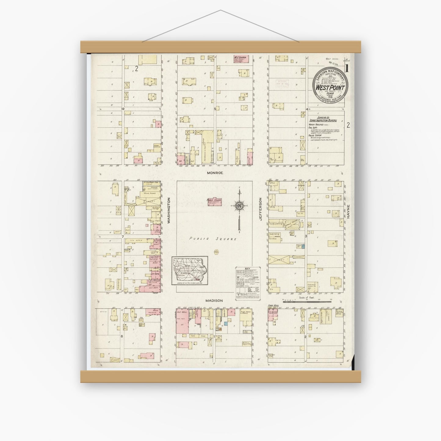 Old map wall art mockup — magnetic wood frame on white wall — Sanborn Fire Insurance Map from West Point, Lee County, Iowa (1914), Sheet #0001