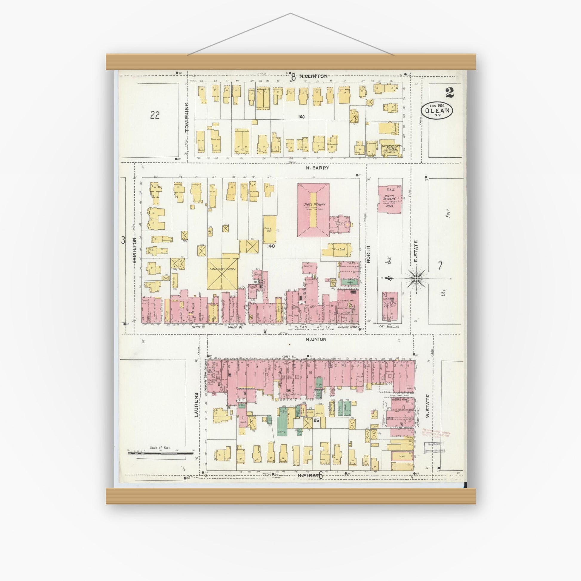 Old map wall art mockup — magnetic wood frame on white wall — Sanborn Fire Insurance Map from Olean, Cattaraugus County, New York (1904) - Complete Map Set