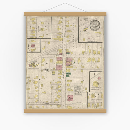 Old map wall art mockup — magnetic wood frame on white wall — Sanborn Fire Insurance Map from Advance, Boone County, Indiana (1909), Sheet #0001