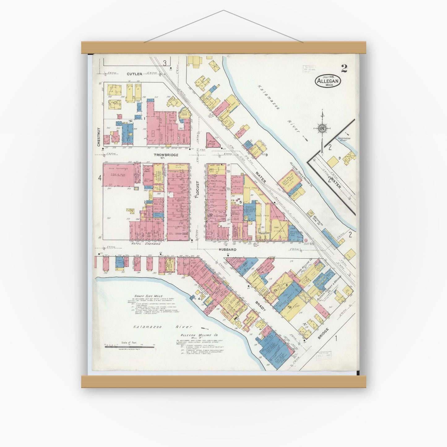 Old map wall art mockup — magnetic wood frame on white wall — Sanborn Fire Insurance Map from Allegan, Allegan County, Michigan (1918), Sheet #0002