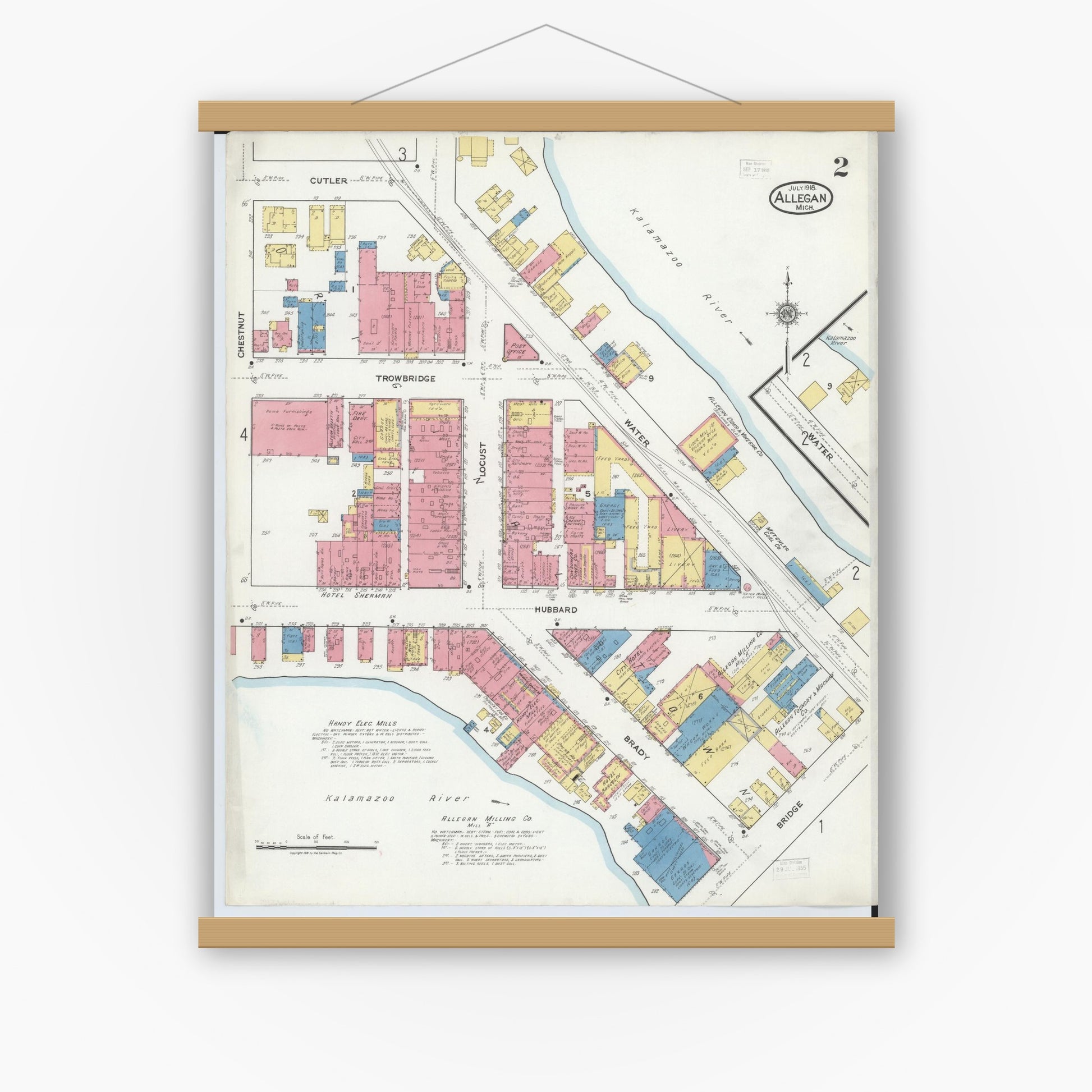 Old map wall art mockup — magnetic wood frame on white wall — Sanborn Fire Insurance Map from Allegan, Allegan County, Michigan (1918), Sheet #0002