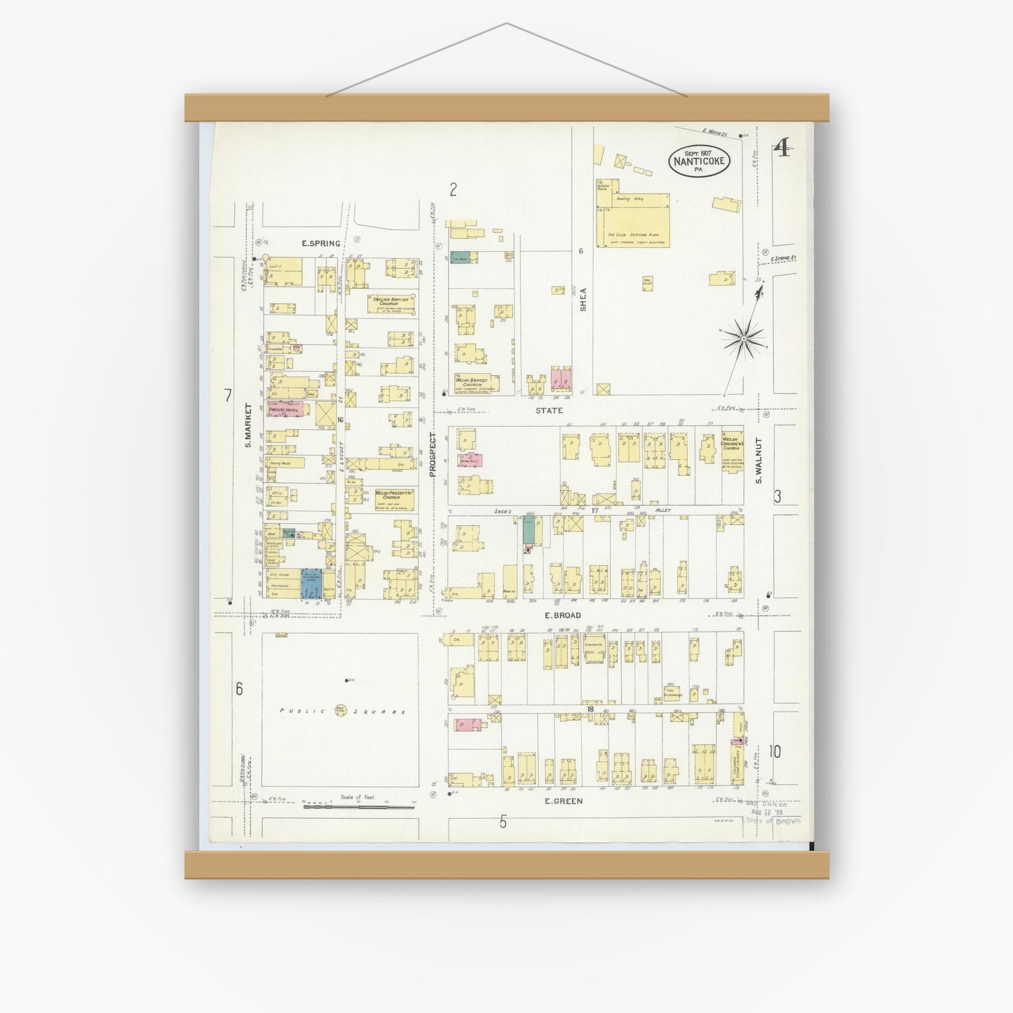 Old map wall art mockup — magnetic wood frame on white wall — Sanborn Fire Insurance Map from Nanticoke, Luzerne County, Pennsylvania (1907), Sheet #0004